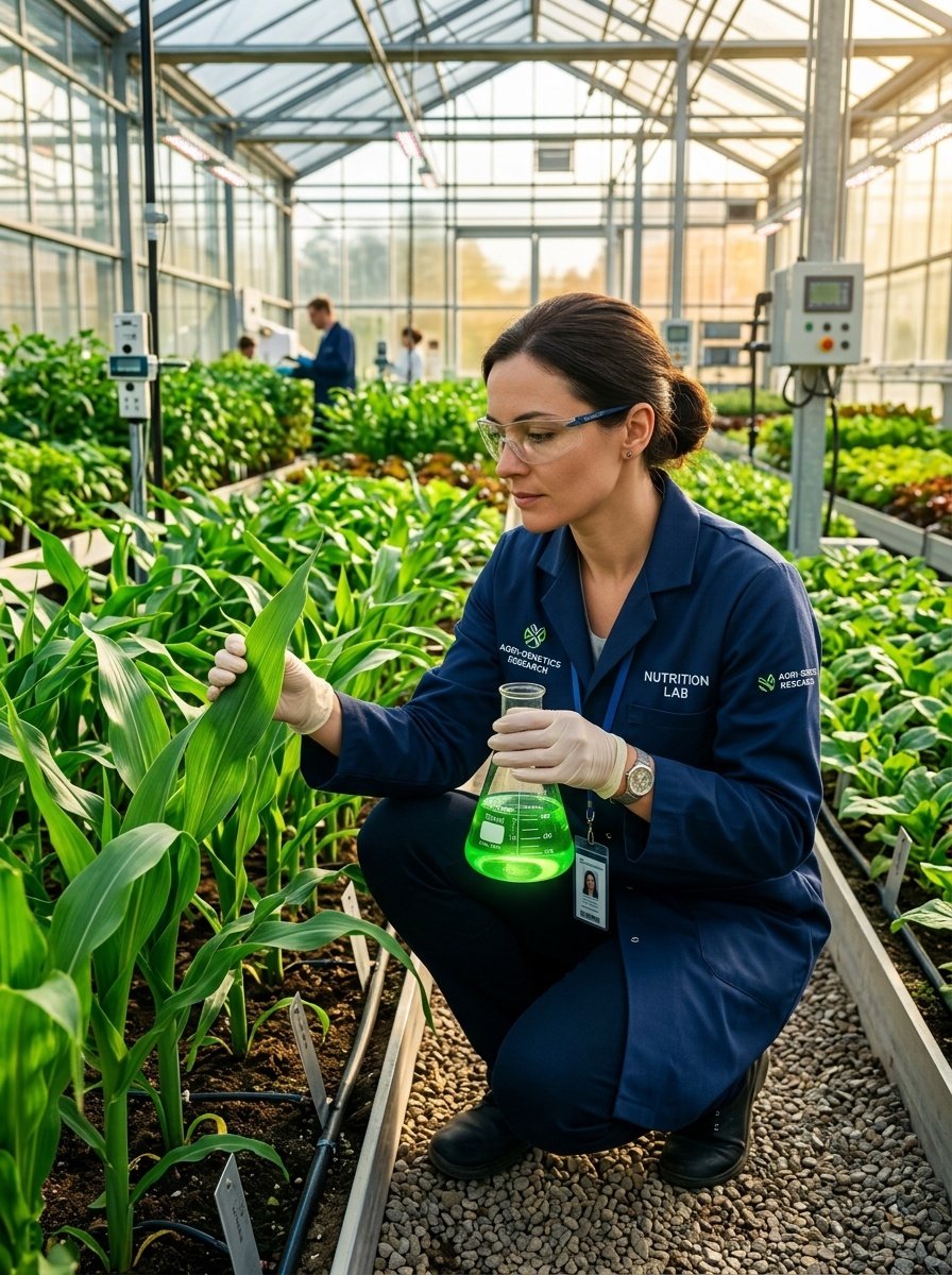 Agricultural Scientist Inspecting Crops and Liquid Fertilizer